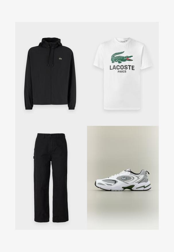 Musta vetoketjullinen takki, jossa on huppu, valmistettu kevyestä materiaalista. Ominaisuuksiin kuuluu joustavat hihansuut ja pieni vihreä logo vasemmassa rinnassa.; Lacoste Printtipaita - white; Musta puuvillakankainen cargo-housut suoranlahkeisella muotoilulla, jossa on sivutaskut ja edessä nappikiinnitys. Kestävä kangas, jossa on sileä tekstuuri.; Valkoiset ja harmaat urheilulliset juoksukengät, joissa on verkkomaiset paneelit, vihreät yksityiskohdat, mustat yksityiskohdat ja logo sivulla, kuvattuna ulkosivusta.