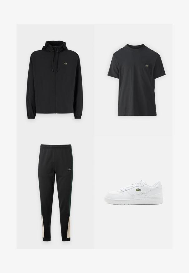 Zwarte zip-up jas met een capuchon, gemaakt van lichtgewicht materiaal. Heeft elastische manchetten en een klein groen logo op de linkerborst.; Zwarte katoenen t-shirt met korte mouwen, ronde halslijn en een klein groen logo op de linkerkant van de borstzak. Eenvoudig ontwerp, normale pasvorm.; Zwarte sweatpants met groene zijstrepen en beige accenten bij de boorden. Elastische tailleband en Lacoste-logo aan de voorkant. Glad textuur.; Witte leren sneakers met geperforeerde accenten, platte veters en een klein groen logo aan de zijkant. Rubberen zool en gewatteerde kraag voor comfort.