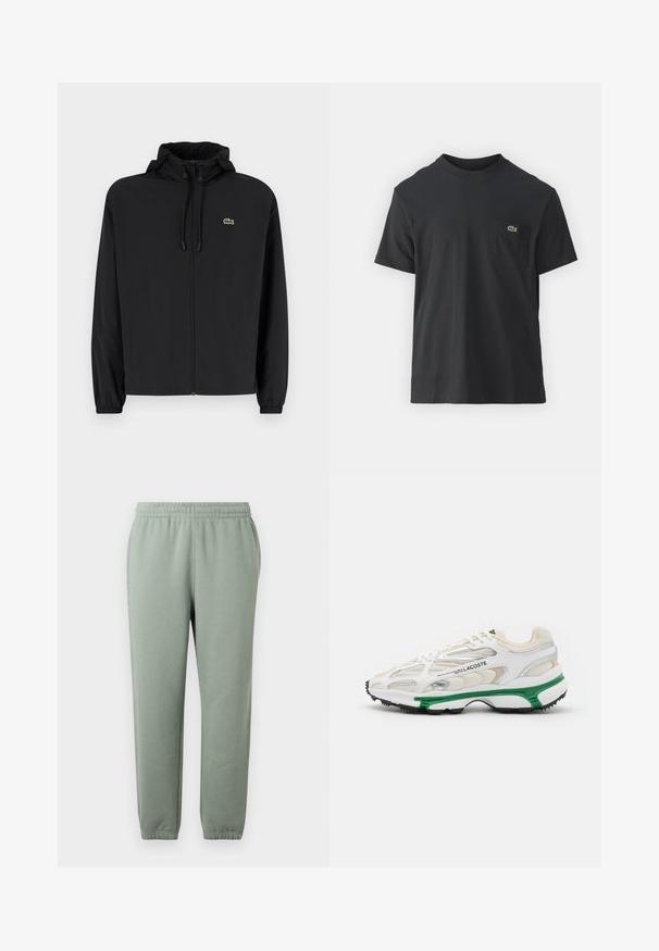Veste noire à fermeture éclair avec capuche, fabriquée en matériau léger. Présente des poignets élastiques et un petit logo vert sur la poitrine gauche.; T-shirt en coton noir à manches courtes, col rond, avec un petit logo vert sur la poche gauche de la poitrine. Design simple, coupe regular.; Pantalons de survêtement vert clair avec une taille élastique, des jambes effilées et des ourlets de cheville côtelés. Fabriqués en tissu doux et léger.; Sneaker blanc avec accents verts et semelle en caoutchouc noir. Comprend des panneaux en mesh et en synthétique, avec une finition texturée et des coutures visibles.