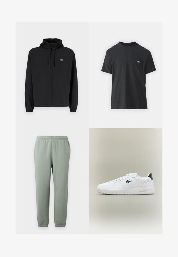 Mustmust jacket, millel näpsuga, kergest materjalist. Omab elastseid mansette ja väikest rohelist logo vasakul rinnal.; Must musta T-särk lühikeste varrukatega, ümmarguse kaelusega ja väikese rohelise logoga vasakus rinnataskus. Lihtne disain, regulaarne lõige.; Heledad rohelised dressipüksid, millel on elastne vöökoht, kitsenevad sääred ja mansettidega pahkluud. Valmistatud pehmest, kergest kangast.; Valge madala profiiliga Lacoste tenniseking musta krokodilli logoga külgedel, valged paelad ja must konts, esitatud neutraalsel taustal.