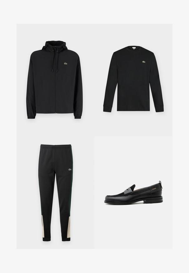 Mustmust jacket, millel näpsuga, kergest materjalist. Omab elastseid mansette ja väikest rohelist logo vasakul rinnal.; Must pika varrukaga ümar kaelusega särk, mille vasakul rinnal on väike roheline krokodillilogo, kuvatud ühevärvilise heleda tausta ees.; Mustmustrepp mustmustrohelised külje triibud ja beežid aktsendid sääreotsades. Elastne vöökoht ja Lacoste logo esiküljel. Sile tekstuur.; Must nahast loafer halli rihma detailiga, madala kand ja tekstuurse tallaga, külgedel kuldse "HUGO" brändiga.