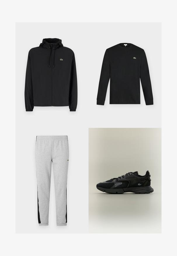 Mustmust jacket, millel näpsuga, kergest materjalist. Omab elastseid mansette ja väikest rohelist logo vasakul rinnal.; Must pika varrukaga ümar kaelusega särk, mille vasakul rinnal on väike roheline krokodillilogo, kuvatud ühevärvilise heleda tausta ees.; Hallid hallid dressipüksid mustade külgpanelitega, elastne vöökoht ja ribatud varrukad. Valmistatud pehmest puuvillasegistusest. Ees on brändi logo.; Mustad musta Lacoste tossud, millel on võrgutooted ja sametpaneelid, must tald, nöörid, logo ja koordinaatide tekst küljel, selge beež taust.