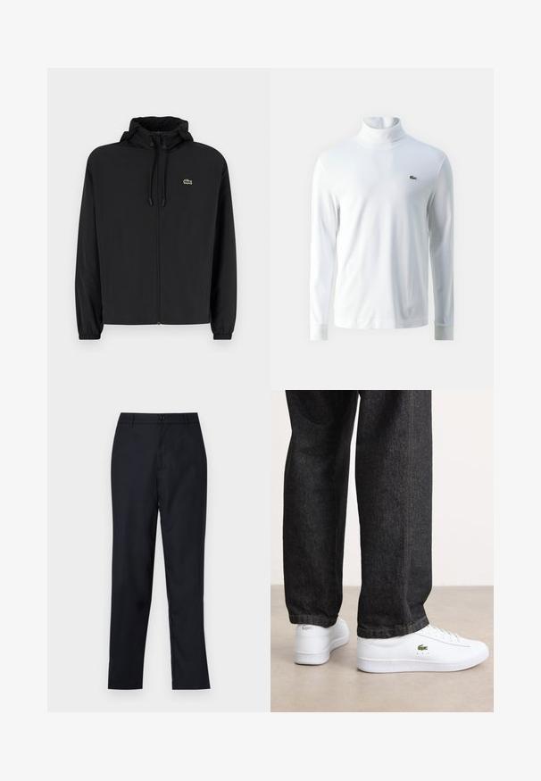 Zwarte zip-up jas met een capuchon, gemaakt van lichtgewicht materiaal. Heeft elastische manchetten en een klein groen logo op de linkerborst.; Witte lange mouw turtleneck shirt van zachte stof, met een klein groen geborduurd logo op de borst en aansluitende manchetten.; Navyblauwe broek van gladde stof, met een rechte pijpdesign, een enkele knoopsluiting en subtiele voorplooien.; Witte leren sneakers met een laag profiel en een groen logo, gecombineerd met donkere spijkerbroek met gele stiksels.