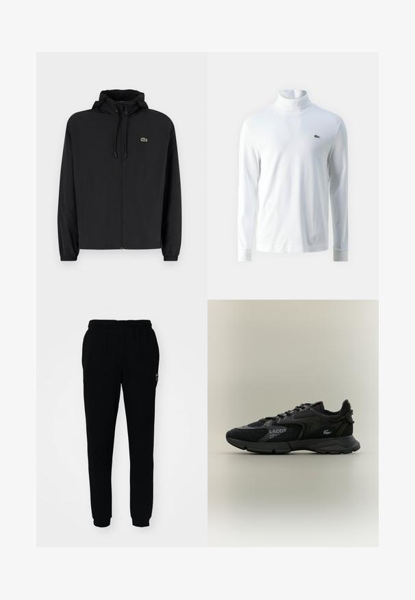 Mustmust jacket, millel näpsuga, kergest materjalist. Omab elastseid mansette ja väikest rohelist logo vasakul rinnal.; Valge pika varrukaga kõrge kaelusega särk, mis on valmistatud pehmest kangast, millel on rindkeres väike roheline broderi logo ja sobivad mansetid.; Mustad mustad püksid elastse vöökoht ja mansettidega. Valmistatud pehmest kangast, millel on väike logo vasakul ülal.; Mustad musta Lacoste tossud, millel on võrgutooted ja sametpaneelid, must tald, nöörid, logo ja koordinaatide tekst küljel, selge beež taust.