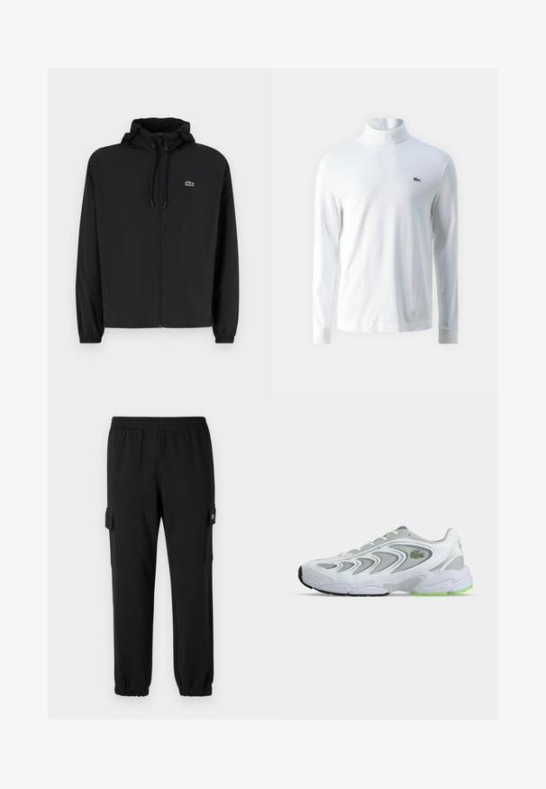 Sort zip-jakke med hætte, lavet af letvægtsmateriale. Har elastiske manchetter og et lille grønt logo på venstre bryst.; Hvid langærmet turtleneck trøje lavet af blødt stof, med et lille grønt broderet logo på brystet og tætsiddende mancher.; Sorte sweatpants med elastisk talje, indsnævrede manchetter og sidelommer. Fremstillet af blødt materiale med en glat tekstur.; Hvid og grå atletiksneaker med grønne accenter og logo, meshpaneler og en tyk polstret sål, vist fra siden på en ensfarvet baggrund.
