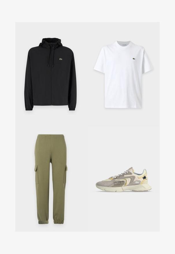 Veste noire à fermeture éclair avec capuche, fabriquée en matériau léger. Présente des poignets élastiques et un petit logo vert sur la poitrine gauche.; T-shirt blanc uni à manches courtes avec col rond et petit logo crocodile vert sur la poitrine gauche.; Pantalons cargo en tissu léger vert olive, dotés de poches latérales, d'une taille élastique et de poignets fuselés pour un ajustement parfait.; Baskets Lacoste beige et crème avec des empiècements en mesh et en suède, lacets blancs et texte de marque sur le côté, vues du côté extérieur.