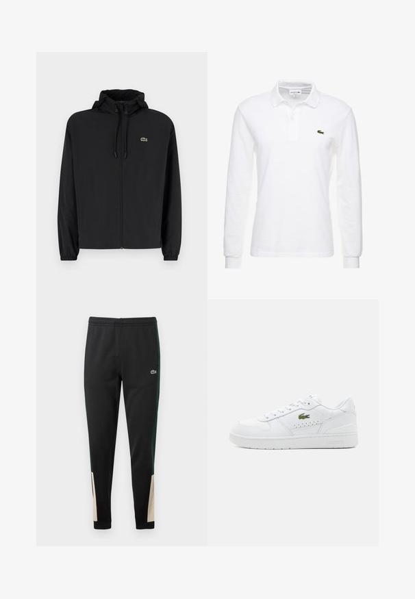 Zwarte zip-up jas met een capuchon, gemaakt van lichtgewicht materiaal. Heeft elastische manchetten en een klein groen logo op de linkerborst.; Witte poloshirt met lange mouwen van katoen, met een klassieke kraag en een klein groen Lacoste-logo op de borst. Glad textuur.; Zwarte sweatpants met groene zijstrepen en beige accenten bij de boorden. Elastische tailleband en Lacoste-logo aan de voorkant. Glad textuur.; Witte leren sneakers met geperforeerde accenten, platte veters en een klein groen logo aan de zijkant. Rubberen zool en gewatteerde kraag voor comfort.