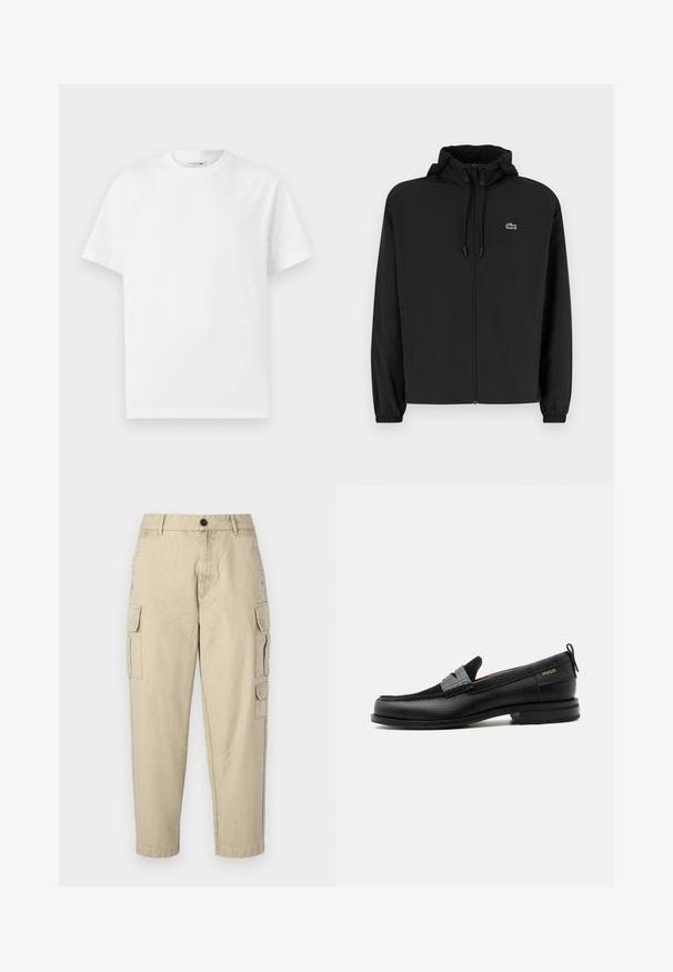 Mustmust jacket, millel näpsuga, kergest materjalist. Omab elastseid mansette ja väikest rohelist logo vasakul rinnal.; Valge puuvillane T-särk klassikalise ringkaelusega, lühikeste varrukatega ja esiküljel reljeefne "Lacoste Heritage" tekst. Lihtne disain.; Bežid cargo püksid pehmest kangast, külgedel taskud, nööpkinnitus ja kitsenev jalgade disain.; Must nahast loafer halli rihma detailiga, madala kand ja tekstuurse tallaga, külgedel kuldse "HUGO" brändiga.