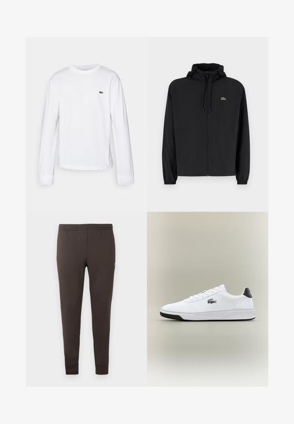 Sort zip-jakke med hætte, lavet af letvægtsmateriale. Har elastiske manchetter og et lille grønt logo på venstre bryst.; Hvid langærmet T-shirt lavet af bomuld. Har en ribbet rund halsudskæring og et lille grønt broderet logo på brystet. Simpelt design.; Mørkebrune sweatpants lavet af blødt stof. Har et elastisk taljebånd og tapered manchetter. Minimalistisk design uden mønstre.; Hvide syntetiske sneakers med en glat overflade, rund tå, sorte detaljer på hælen og et Lacoste-logo på siden.