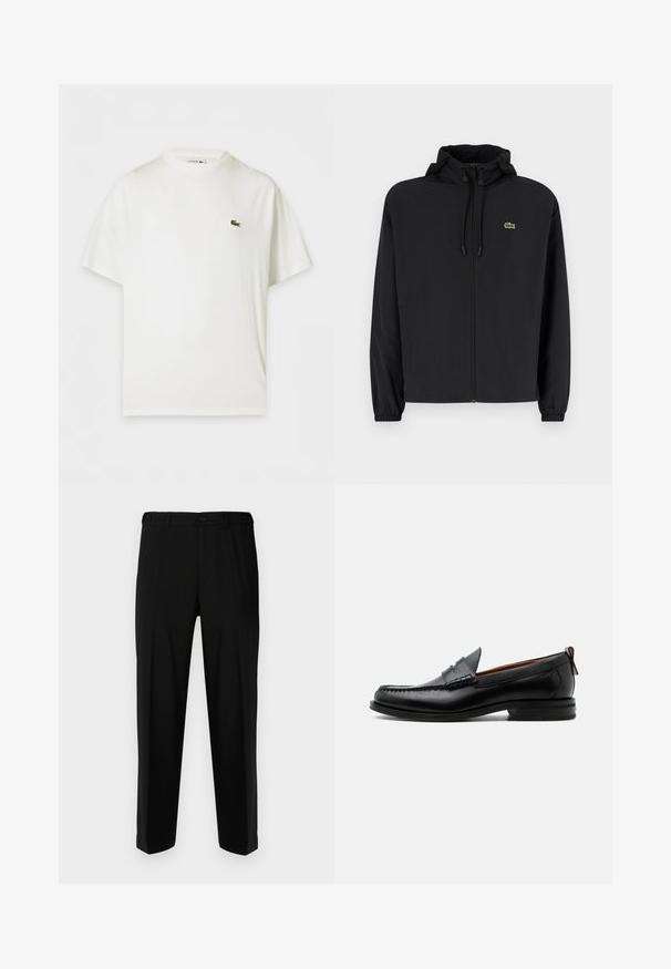 Schwarze Zip-Jacke mit Kapuze, aus leichtem Material hergestellt. Verfügt über elastische Bündchen und ein kleines grünes Logo auf der linken Brust.; Lacoste T-Shirt basic - white; Schwarze Hosen aus glattem Stoff, mit geradem Schnitt, zwei vorderen Taschen und einem Reißverschluss mit Knopfverschluss.; Schwarzer Leder-Herrenschuh mit Mokassinnaht, Penny-Riemen, strukturiertem Kragen und niedrigem gestapeltem Absatz auf weißem Hintergrund.