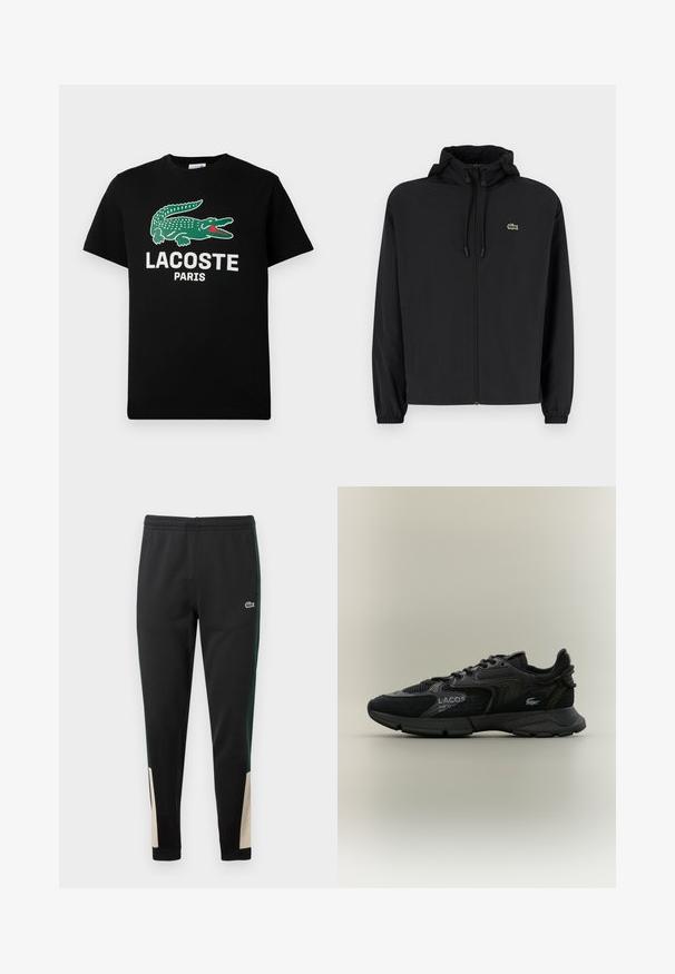 Zwarte zip-up jas met een capuchon, gemaakt van lichtgewicht materiaal. Heeft elastische manchetten en een klein groen logo op de linkerborst.; Zwarte katoenen t-shirt met een groen krokodillenlogo en de tekst "LACOSTE PARIS" in het wit. Korte mouwen en een klassieke ronde hals.; Zwarte sweatpants met groene zijstrepen en beige accenten bij de boorden. Elastische tailleband en Lacoste-logo aan de voorkant. Glad textuur.; Zwarte Lacoste sneaker met mesh en suède panelen, zwarte zool, veters, logo en coördinaten tekst op de zijkant op een effen beige achtergrond.