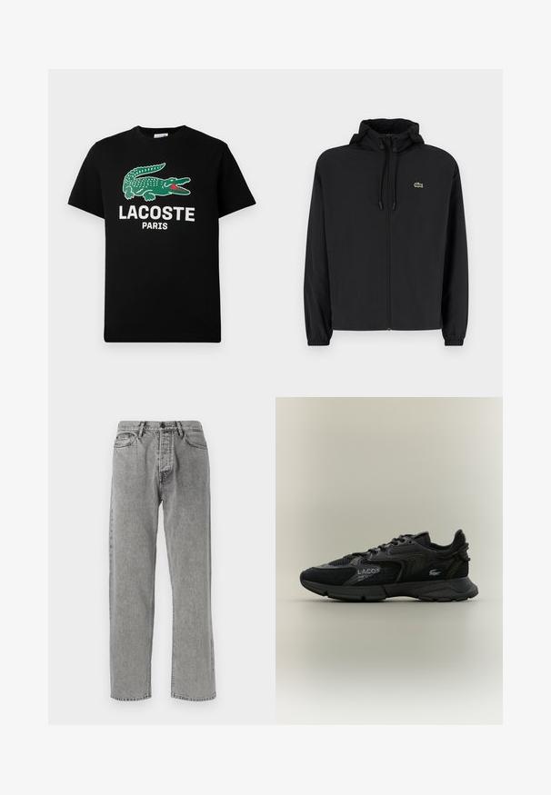 Mustmust jacket, millel näpsuga, kergest materjalist. Omab elastseid mansette ja väikest rohelist logo vasakul rinnal.; Must must särk mustast puuvillast, kus on roheline krokodilli logo ja valge tekst "LACOSTE PARIS". Lühikesed varrukad ja klassikaline ümmargune kaelus.; Hallux hallastatud teksad otse jalgadega disainiga, klassikalise viie taskuga stiilis, nähtavate õmblustega ja lukuga, millel on nupuga sulgemine.; Mustad musta Lacoste tossud, millel on võrgutooted ja sametpaneelid, must tald, nöörid, logo ja koordinaatide tekst küljel, selge beež taust.