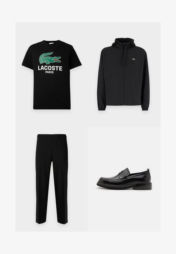 Veste noire à fermeture éclair avec capuche, fabriquée en matériau léger. Présente des poignets élastiques et un petit logo vert sur la poitrine gauche.; T-shirt en coton noir avec un logo de crocodile vert et le texte "LACOSTE PARIS" en blanc. Manches courtes et col rond classique.; Pantalon noir en tissu lisse, présentant une coupe droite, deux poches avant et une fermeture à glissière avec bouton.; Calvin Klein MOCCASIN - Mocassins de ville - black
