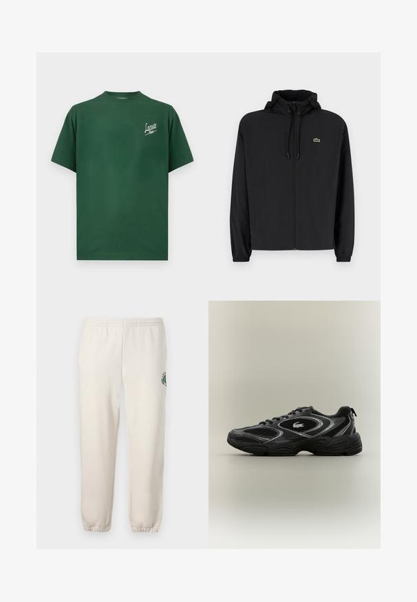 Mustmust jacket, millel näpsuga, kergest materjalist. Omab elastseid mansette ja väikest rohelist logo vasakul rinnal.; Roheline puuvillane T-särk, millel on ümmargune kaelus, lühikesed varrukad ja valge "Lacoste Paris" logo vasakul rinnakorvis.; Heledadbežased püksid, mis on valmistatud puuvillast, varustatud elastse vöökohtaga, soonikute lõpetustega ja vasakul jalal on roheline logo lehe kujundusega.; Mustade ja hallide sportlike sneakersiteeritud võrkpaneelidega, sidumisega disain, paks tallaosa ja väike krokodillilogo küljes.