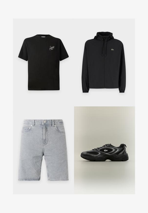 Veste noire à fermeture éclair avec capuche, fabriquée en matériau léger. Présente des poignets élastiques et un petit logo vert sur la poitrine gauche.; T-shirt en coton noir à manches courtes, arborant un logo "Lacoste" blanc imprimé sur la poitrine gauche. Conception col rond.; Shorts en denim gris clair avec une coupe droite, cinq poches, fermeture à bouton et détails de surpiqûre contrastants.; Baskets de sport noires et grises avec des panneaux en mesh, un design à lacets, une semelle épaisse et un petit logo de crocodile sur le côté.