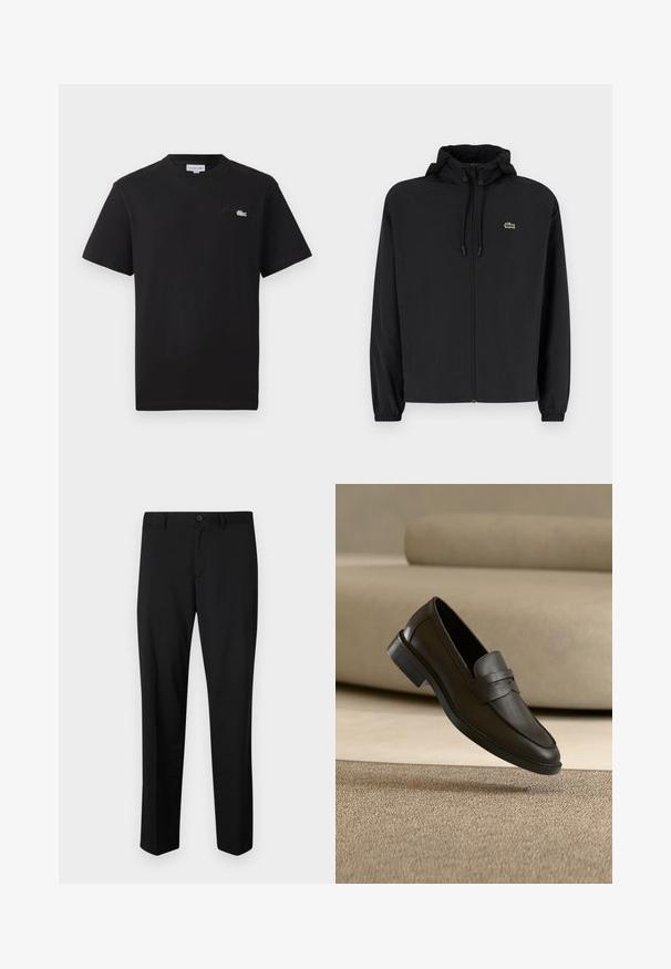 Veste noire à fermeture éclair avec capuche, fabriquée en matériau léger. Présente des poignets élastiques et un petit logo vert sur la poitrine gauche.; T-shirt noir en coton avec un col rond. Il présente un petit logo Lacoste brodé en vert et blanc sur la poitrine. Manches courtes, coupe régulière.; Pantalons noirs ajustés avec une coupe plate, taille standard et jambes droites. Fabriqués en tissu lisse, dotés d'une fermeture à un bouton.; Chaussure loafer en cuir noir reposant sur un tapis beige avec un canapé beige courbé en arrière-plan.