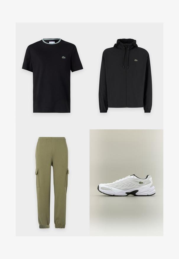 Mustmust jacket, millel näpsuga, kergest materjalist. Omab elastseid mansette ja väikest rohelist logo vasakul rinnal.; Must värvi puuvillane T-särk ümmarguse kaelusega, millel on valge ja roheline triibuline äärestus ning vasakul rinnal brodeeritud roheline krokodilli logo.; Olive roheline kerge kangaga cargo püksid, mis on varustatud küljetaskutega, elastse taljega ja kitsenevate sääreotstega, et pakkuda mugavat istuvust.; Valge sportlik king, millel on tekstureeritud võrgu pealisosa, kaardus disain ja kontrastne must tall. Külje peal on roheline tikandiga logo.