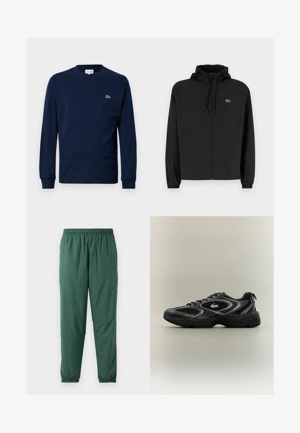 Mustmust jacket, millel näpsuga, kergest materjalist. Omab elastseid mansette ja väikest rohelist logo vasakul rinnal.; Tumesinine pika varrukatega T-särk, mis on valmistatud puuvillast, ümaralise kaelusega ja väikese rohelise krokodilli logoga vasakul rinnal.; Roheline, kerge, elastne pükste komplekt kogutud talje ja varrukatega, valmistatud siledast veekindlast materjalist.; Mustade ja hallide sportlike sneakersiteeritud võrkpaneelidega, sidumisega disain, paks tallaosa ja väike krokodillilogo küljes.