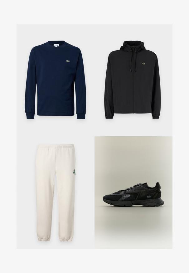 Mustmust jacket, millel näpsuga, kergest materjalist. Omab elastseid mansette ja väikest rohelist logo vasakul rinnal.; Tumesinine pika varrukatega T-särk, mis on valmistatud puuvillast, ümaralise kaelusega ja väikese rohelise krokodilli logoga vasakul rinnal.; Heledadbežased püksid, mis on valmistatud puuvillast, varustatud elastse vöökohtaga, soonikute lõpetustega ja vasakul jalal on roheline logo lehe kujundusega.; Mustad musta Lacoste tossud, millel on võrgutooted ja sametpaneelid, must tald, nöörid, logo ja koordinaatide tekst küljel, selge beež taust.