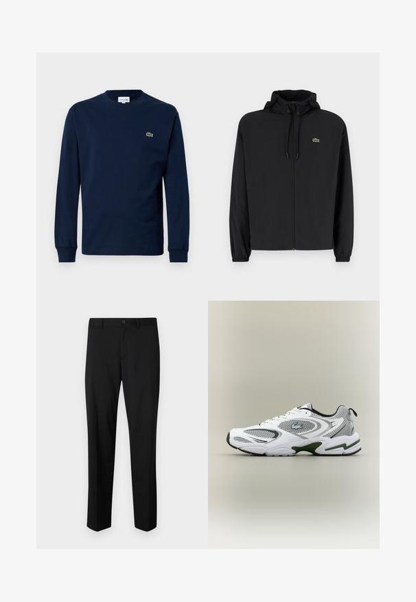 Zwarte zip-up jas met een capuchon, gemaakt van lichtgewicht materiaal. Heeft elastische manchetten en een klein groen logo op de linkerborst.; Marineblauw langemouwen t-shirt van katoen, met een ronde hals en een klein groen krokodil logo op de linkerborst.; Zwarte op maat gemaakte broek met een platte voorkant, standaard taille en rechte pijpen. Gemaakt van een gladde stof, met een enkele knoopsluiting.; Witte en grijze sportieve hardloopschoen met meshpanelen, groene accenten, zwarte details en een logo aan de zijkant, getoond vanaf de buitenkant.