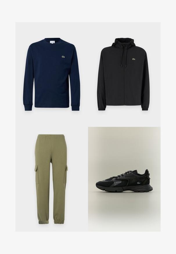 Musta vetoketjullinen takki, jossa on huppu, valmistettu kevyestä materiaalista. Ominaisuuksiin kuuluu joustavat hihansuut ja pieni vihreä logo vasemmassa rinnassa.; Navy pitkähihaine t-paita, joka on valmistettu puuvillasta. Paidan kauluksessa on pyöreä muoto ja vasemmassa rintapielessä on pieni vihreä krokotiili-logo.; Vihreät cargo-housut kevyestä kankaasta, joissa on sivutaskut, joustava vyötärö ja kapenevat hihnat tiukkaan istuvuuteen.; Musta Lacoste-tenniskenkä, jossa on verkko- ja nupukkinahkaosia, musta pohja, nauhat, logo ja koordinaattiteksti sivussa, yksinkertaisella beigen taustalla.
