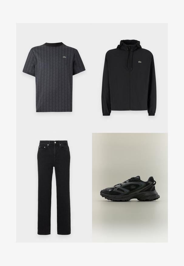 Zwarte zip-up jas met een capuchon, gemaakt van lichtgewicht materiaal. Heeft elastische manchetten en een klein groen logo op de linkerborst.; Zwarte korte mouwen t-shirt met een geometrisch patroon en een groene krokodillenlogo, met een effen zwarte ronde hals.; Zwarte, hoog getailleerde jeans met rechte pijpen, voor- en achterzakken, zilveren knoopsluiting en lussen voor een riem, op een witte achtergrond.; Zwarte sportieve schoen met meshpanelen, een gestructureerde zool, veters en een gebogen silhouet met zilveren accenten aan de zijkanten.