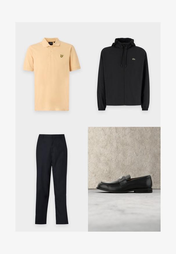 Schwarze Zip-Jacke mit Kapuze, aus leichtem Material hergestellt. Verfügt über elastische Bündchen und ein kleines grünes Logo auf der linken Brust.; Polo-Shirt in hellem Pfirsich mit einer Drei-Knopf-Leiste. Verfügt über ein gesticktes Logo in Schwarz und Gelb auf der linken Brust. Kurzärmelig, klassische Passform.; Marineblaue Hose aus glattem Stoff, mit geradem Beinschnitt, einem einzigen Knopfverschluss und dezenten vorderen Falten.; Schwarzer Lederloafer mit einer Metallmarkenplatte, der nahe einem braunen runden Tisch auf beigem Teppichboden ruht.