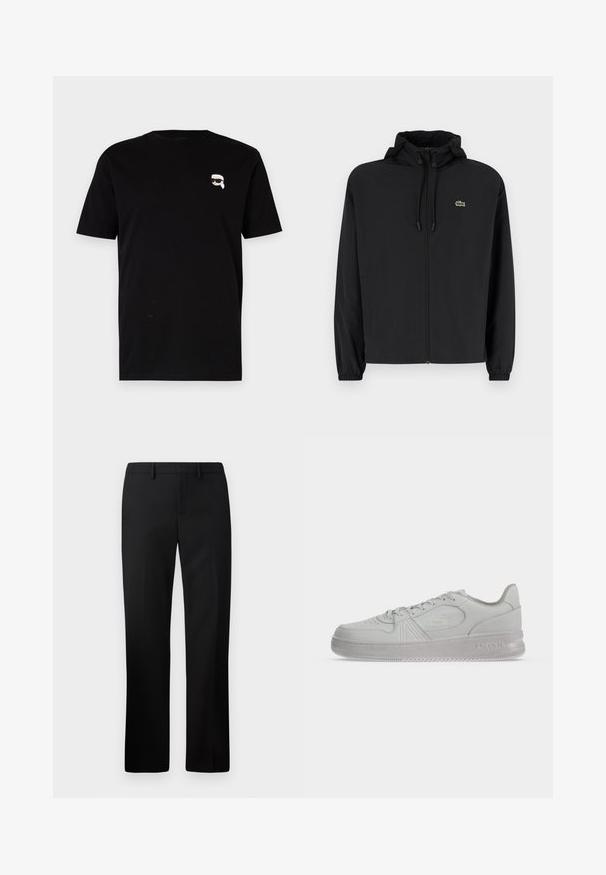 Schwarze Zip-Jacke mit Kapuze, aus leichtem Material hergestellt. Verfügt über elastische Bündchen und ein kleines grünes Logo auf der linken Brust.; Schwarzes Baumwoll-T-Shirt mit kurzen Ärmeln, das auf der linken Brust ein kleines weißes Grafik eines Charakters mit Brille zeigt. Klassisches Rundhals-Design.; Schwarze maßgeschneiderte Hosen mit geradem Beinschnitt, hergestellt aus glattem Stoff. Merkmale sind ein flacher Bund und ein mittelhoher Taillenbund.; Weißer, flacher Lacoste-Sneaker mit Schnürsenkeln, geprägtem Logo an der Seite und strukturierter Sohle auf einfachem Hintergrund.
