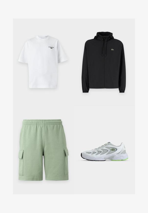 Zwarte zip-up jas met een capuchon, gemaakt van lichtgewicht materiaal. Heeft elastische manchetten en een klein groen logo op de linkerborst.; Witte katoen t-shirt met korte mouwen, met de tekst "Jeu Set et Match" en een klein groen logo op de linkerkant van de borst. Klassieke pasvorm.; Groene katoenen shorts met een elastische tailleband, twee zijvakjes en een klein logo op de linker broekzak.; Witte en grijze sportschoen met groene accenten en logo, meshpanelen en een dikke, gedempte zool, zijaanzicht op een effen achtergrond.