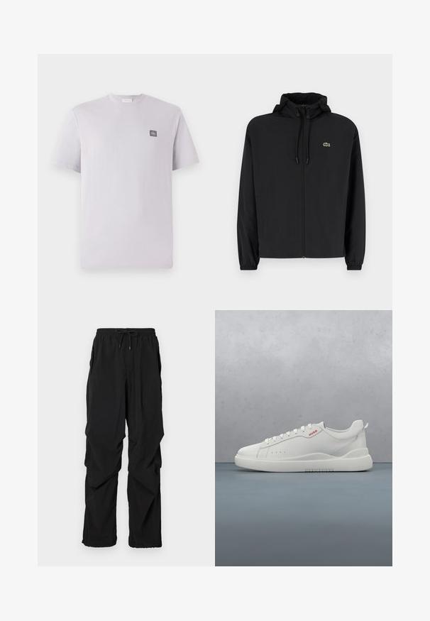 Mustmust jacket, millel näpsuga, kergest materjalist. Omab elastseid mansette ja väikest rohelist logo vasakul rinnal.; Heledad lavendlite värvi lühikeste varrukatega T-särk, mis on valmistatud puuvillast, ümmarguse kaeluse ja väike tumedast logost patch vasakul rinnal. Sile tekstuur.; Musturid mustad kerged püksid elastse vöökoha ja reguleeritava nööriga. Omab küljetaskuid ja laia lõiget mugavuse tagamiseks.; Valged spordijalatsid siledast nahast, ümar varvas, neli silmaauku, kerged perforatsioonid ja punane logo külje peal.