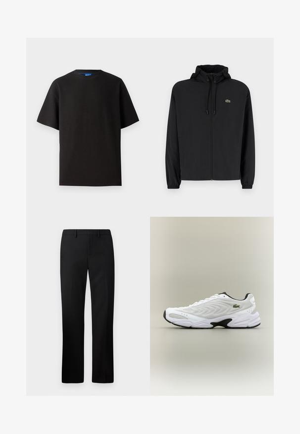 Schwarze Zip-Jacke mit Kapuze, aus leichtem Material hergestellt. Verfügt über elastische Bündchen und ein kleines grünes Logo auf der linken Brust.; Schwarzes T-Shirt mit kurzen Ärmeln, Rundhalsausschnitt, aus Rippstoff gefertigt. Hat einen lockeren Schnitt und ein dezentes blaues Markenetikett im Halsbereich.; Schwarze maßgeschneiderte Hosen mit geradem Beinschnitt, hergestellt aus glattem Stoff. Merkmale sind ein flacher Bund und ein mittelhoher Taillenbund.; Weißer Sportschuh mit strukturiertem Mesh-Obermaterial, geschwungenem Design und kontrastierender schwarzer Laufsohle. Mit grünem gesticktem Logo an der Seite.