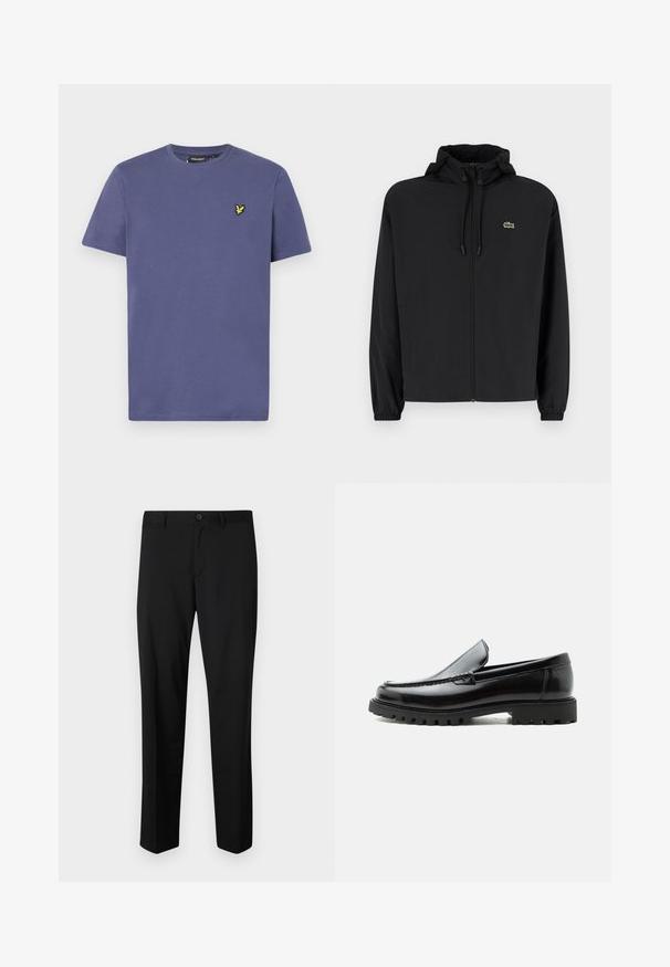 Veste noire à fermeture éclair avec capuche, fabriquée en matériau léger. Présente des poignets élastiques et un petit logo vert sur la poitrine gauche.; T-shirt en coton violet clair à manches courtes, col rond et avec un petit logo jaune brodé sur la poitrine.; Pantalons noirs ajustés avec une coupe plate, taille standard et jambes droites. Fabriqués en tissu lisse, dotés d'une fermeture à un bouton.; Mocassin en cuir noir avec semelle en caoutchouc épaisse, dessus cousu et nom de marque embossé sur le talon, présenté de profil sur fond blanc.
