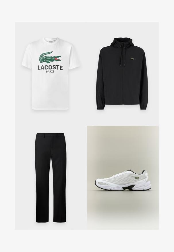 Čierna mikina na zips s kapucňou, vyrobená z ľahkého materiálu. Má elastické manžety a malú zelenú značku na ľavej hrudi.; Lacoste Tričko s potlačou - white; Čierne elegantné nohavice so rovnými nohavicami, vyrobené z hladkej tkaniny. Súčasťou je plochý predný diel a pás so stredným vzostupom.; Biele atletické tenisky s textúrovaným sieťovinovým zvrškom, zakriveným dizajnom a kontrastnou čiernou podrážkou. S greennou vyšívanou nášivkou na boku.
