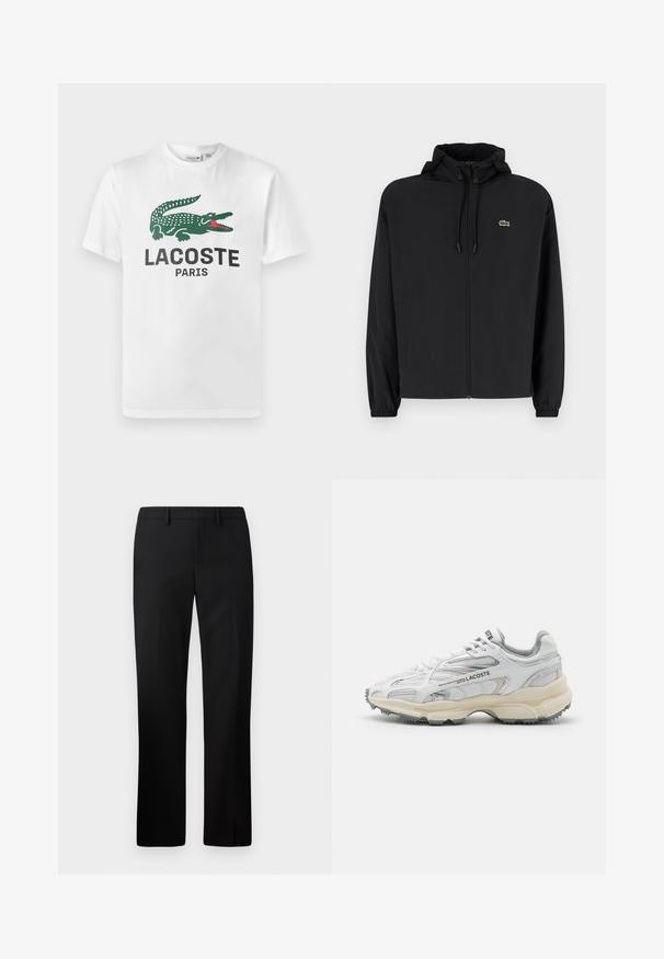 Sort zip-jakke med hætte, lavet af letvægtsmateriale. Har elastiske manchetter og et lille grønt logo på venstre bryst.; Lacoste T-shirts print - white; Sorte skræddersyede bukser med lige ben-design, lavet af glat stof. Funktioner inkluderer en flad front og mid-rise talje.; Hvide sportssko med grå detaljer, overdel i mesh og syntetiske materialer, snørebåndsdesign og tekstureret gummisål med grebemønstre.