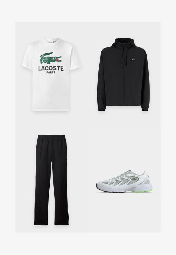 Čierna mikina na zips s kapucňou, vyrobená z ľahkého materiálu. Má elastické manžety a malú zelenú značku na ľavej hrudi.; Lacoste Tričko s potlačou - white; Čierne športové nohavice po celej dĺžke s elastickým pásom a bielymi bočnými prúžkami, s malým zeleným logom na hornej strane.; Biely a sivý atletický teniska s zelenými akcentmi a logom, sieťovinovými panelmi a hrubou tlmenou podrážkou, zobrazený z boku na jednoduchom pozadí.
