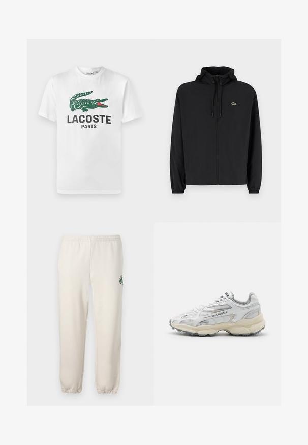 Čierna mikina na zips s kapucňou, vyrobená z ľahkého materiálu. Má elastické manžety a malú zelenú značku na ľavej hrudi.; Lacoste Tričko s potlačou - white; Svetlo béžové tepláky z bavlny s elastickým pásom, rebrovanými manžetami a zeleným logom s dizajnom listu na ľavej nohe.; Biele športové topánky s šedými akcentmi, sieťovinovou a syntetickou vrchnou časťou, viazanie na šnúrky a texturovanou gumovou podrážkou s protišmykovými vzormi.