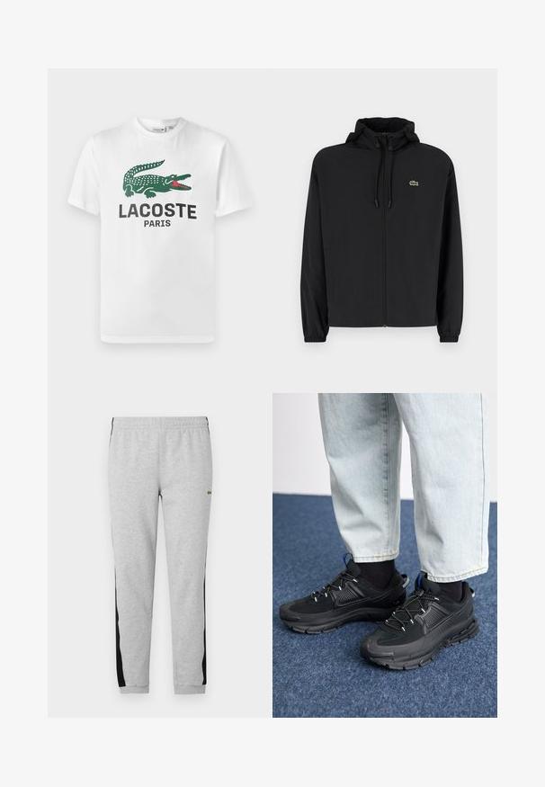 Mustmust jacket, millel näpsuga, kergest materjalist. Omab elastseid mansette ja väikest rohelist logo vasakul rinnal.; Lacoste Trükipildiga T-särk - white; Hallid hallid dressipüksid mustade külgpanelitega, elastne vöökoht ja ribatud varrukad. Valmistatud pehmest puuvillasegistusest. Ees on brändi logo.; Mustad mustad jooksukingad, millel on tekstureeritud kangas ja kummist tallad, elastsed nöörid ning sinine aksent kandadel. Kandmine heledate teksadega.