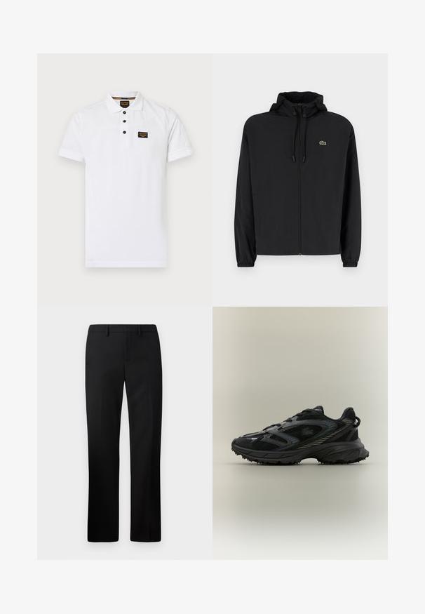 Sort zip-jakke med hætte, lavet af letvægtsmateriale. Har elastiske manchetter og et lille grønt logo på venstre bryst.; Hvid polo-shirt lavet af tekstureret bomuld, med en tre-knap lukning, korte ærmer og et sort logo-patch på brystet.; Sorte skræddersyede bukser med lige ben-design, lavet af glat stof. Funktioner inkluderer en flad front og mid-rise talje.; Sort atletisk sko med meshpaneler, en tekstureret sål, snørebånd og en buet silhuet med sølvfarvede accenter på siderne.