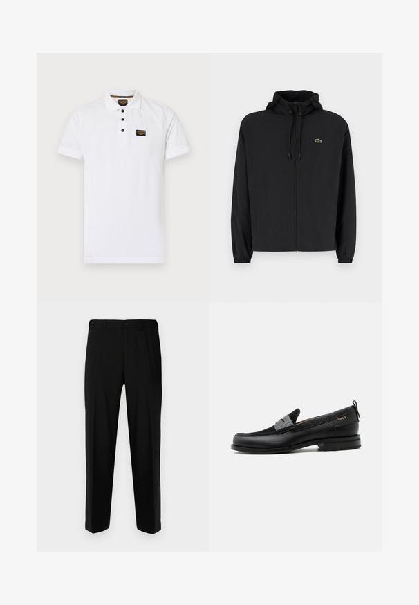 Zwarte zip-up jas met een capuchon, gemaakt van lichtgewicht materiaal. Heeft elastische manchetten en een klein groen logo op de linkerborst.; Witte polo shirt gemaakt van gestructureerd katoen, met een drieknops sluiting, korte mouwen en een zwart logo op de borst.; Zwarte broek van gladde stof, met een rechte snit, twee voorzakken en een ritssluiting met knoopsluiting.; Zwarte leren loafer met grijs riemdetailelement, lage hak en gestructureerde zool, aan de zijkant gebrandmerkt met "HUGO" in goud.