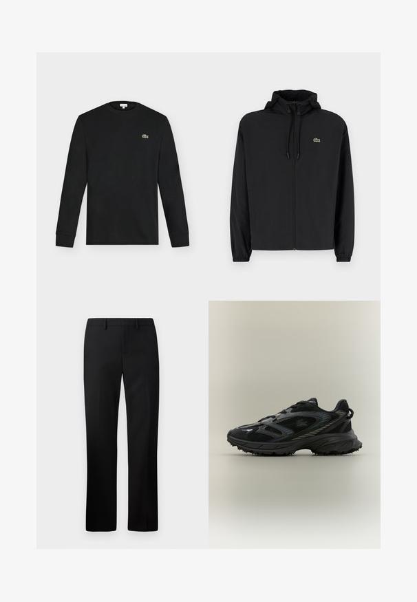 Schwarze Zip-Jacke mit Kapuze, aus leichtem Material hergestellt. Verfügt über elastische Bündchen und ein kleines grünes Logo auf der linken Brust.; Schwarzes Langarmshirt mit Rundhalsausschnitt und kleinem grünen Krokodil-Logo auf der linken Brust, vor einem einfarbigen hellen Hintergrund dargestellt.; Schwarze maßgeschneiderte Hosen mit geradem Beinschnitt, hergestellt aus glattem Stoff. Merkmale sind ein flacher Bund und ein mittelhoher Taillenbund.; Schwarzer Sportschuh mit Netz панели, einer strukturierten Sohle, Schnürsenkeln und einer geschwungenen Silhouette mit silbernen Akzenten an den Seiten.