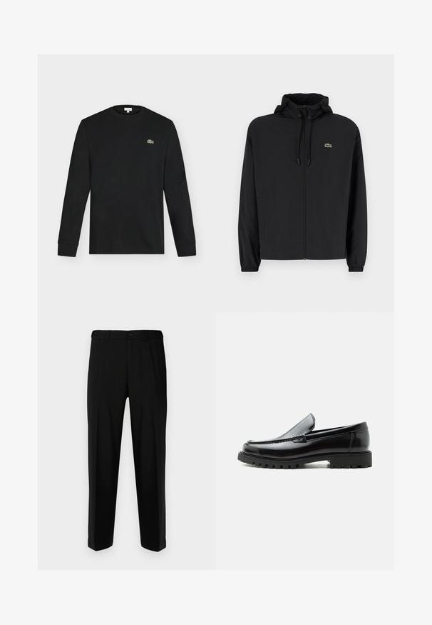 Schwarze Zip-Jacke mit Kapuze, aus leichtem Material hergestellt. Verfügt über elastische Bündchen und ein kleines grünes Logo auf der linken Brust.; Schwarzes Langarmshirt mit Rundhalsausschnitt und kleinem grünen Krokodil-Logo auf der linken Brust, vor einem einfarbigen hellen Hintergrund dargestellt.; Schwarze Hosen aus glattem Stoff, mit geradem Schnitt, zwei vorderen Taschen und einem Reißverschluss mit Knopfverschluss.; Schwarzer Lederloafer mit grober Gummisohle, genähter Oberseite und geprägtem Markennamen an der Ferse, seitlich auf weißem Hintergrund gezeigt.