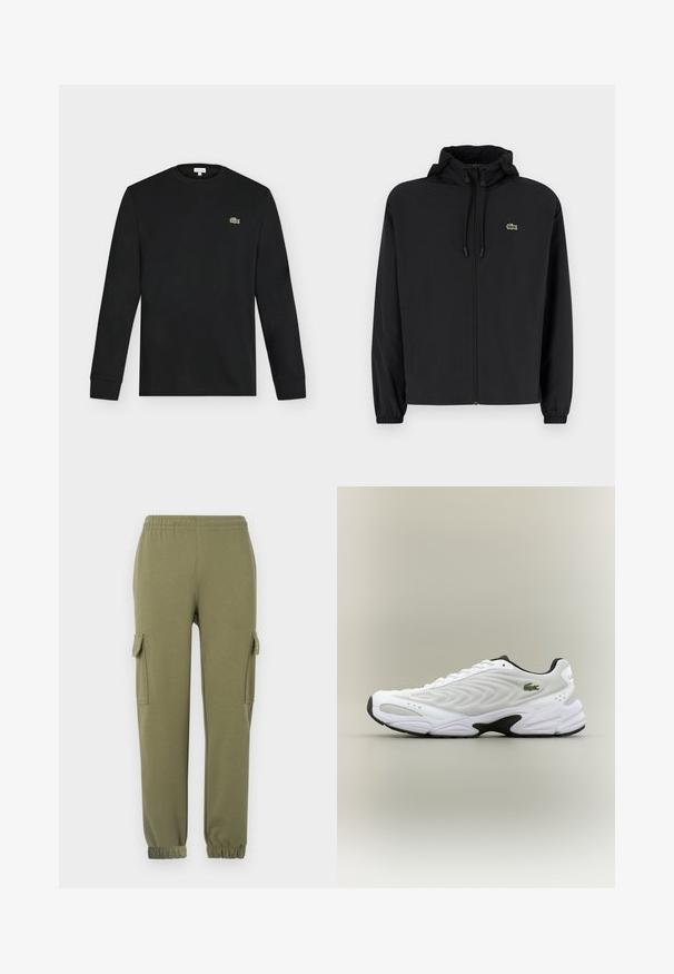 Sort zip-jakke med hætte, lavet af letvægtsmateriale. Har elastiske manchetter og et lille grønt logo på venstre bryst.; Sort langærmet crew neck skjorte med lille grønt krokodillelogo på venstre bryst, vist mod en ensartet lys baggrund.; Cargo bukser i olivengrønt letvægtsstof, med sidelommer, elastisk talje og taperede manchetter for en tætsiddende pasform.; Hvide atletiske sko med tekstureret mesh-overdel, buet design og kontrasterende sort ydersål. Har en grøn broderet logo på siden.