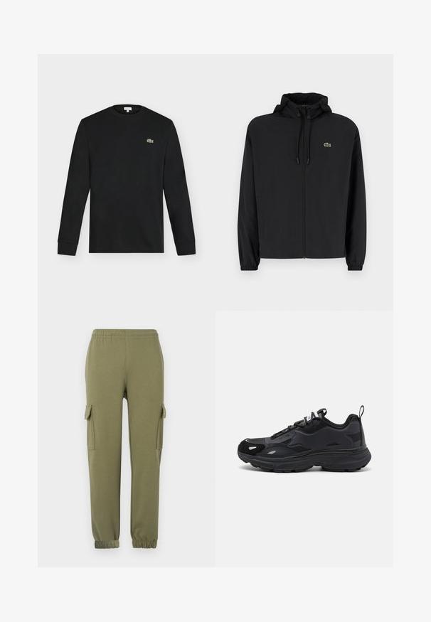 Schwarze Zip-Jacke mit Kapuze, aus leichtem Material hergestellt. Verfügt über elastische Bündchen und ein kleines grünes Logo auf der linken Brust.; Schwarzes Langarmshirt mit Rundhalsausschnitt und kleinem grünen Krokodil-Logo auf der linken Brust, vor einem einfarbigen hellen Hintergrund dargestellt.; Cargo-Hosen aus leichtem, olivgrünem Stoff mit Seitentaschen, elastischem Bund und schmal zulaufenden Bündchen für eine bequeme Passform.; Schwarzer Laufschuh mit strukturiertem Obermaterial, glatten synthetischen Akzenten, dicker Sohle und reflektierenden Details. Verfügt über ein Schnürdesign und einen Zugtab.