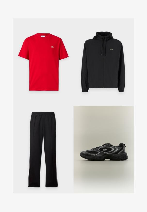 Sort zip-jakke med hætte, lavet af letvægtsmateriale. Har elastiske manchetter og et lille grønt logo på venstre bryst.; Rød bomulds T-shirt med korte ærmer, rund hals, og et lille grønt krokodillelogo på venstre bryst. Glat tekstur, afslappet pasform.; Sort hel lange træningsbukser med elastisk talje og hvide sidestrimler, der har et lille grønt logo på den øverste side.; Sort og grå atletisk sneaker med mesh-paneler, snørebåndsdesign, tyk sål og et lille krokodillelogo på siden.