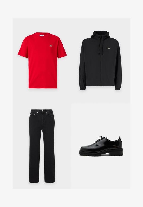 Sort zip-jakke med hætte, lavet af letvægtsmateriale. Har elastiske manchetter og et lille grønt logo på venstre bryst.; Rød bomulds T-shirt med korte ærmer, rund hals, og et lille grønt krokodillelogo på venstre bryst. Glat tekstur, afslappet pasform.; Sorte jeans med højtaljet, lige ben, front- og baglommer, sølvfarvet knaplukning og bæltestropper på hvid baggrund.; Sort poleret læder snørestøvle med tyk gummisål og lav hæl, sideskilt med mærketekst "SAMSOE" og bageste træksnor.