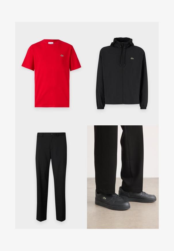 Schwarze Zip-Jacke mit Kapuze, aus leichtem Material hergestellt. Verfügt über elastische Bündchen und ein kleines grünes Logo auf der linken Brust.; Rotes Baumwoll-T-Shirt mit kurzen Ärmeln, Rundhalsausschnitt und kleinem grünen Krokodil-Logo auf der linken Brust. Glatte Textur, lässige Passform.; Schwarze maßgeschneiderte Hose mit flachem Frontschnitt, normaler Taille und geraden Beinen. Hergestellt aus glattem Material, mit einem einzelnen Knopfverschluss.; Schwarze Low-Top-Sneaker aus glattem Leder, mit einer strukturierten Gummisohle, Schnürdesign und einem kleinen grünen gestickten Logo.