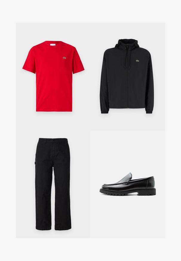Schwarze Zip-Jacke mit Kapuze, aus leichtem Material hergestellt. Verfügt über elastische Bündchen und ein kleines grünes Logo auf der linken Brust.; Rotes Baumwoll-T-Shirt mit kurzen Ärmeln, Rundhalsausschnitt und kleinem grünen Krokodil-Logo auf der linken Brust. Glatte Textur, lässige Passform.; Schwarze Baumwoll-Cargohosen mit geradem Bein, ausgestattet mit Seitentaschen und einem vorderen Knopfverschluss. Langlebiger Stoff mit einer glatten Textur.; Schwarzer Lederloafer mit grober Gummisohle, genähter Oberseite und geprägtem Markennamen an der Ferse, seitlich auf weißem Hintergrund gezeigt.