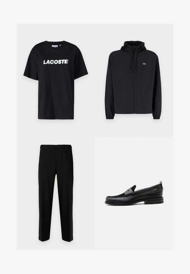 Chaqueta negra con cremallera y capucha, hecha de material ligero. Cuenta con puños elásticos y un pequeño logo verde en el lado izquierdo del pecho.; Camiseta de algodón negra con el logo "LACOSTE" impreso en blanco en la parte delantera. Manga corta y cuello redondo. Corte clásico y relajado.; Pantalones negros de tela suave, con corte recto, dos bolsillos frontales y cremallera con cierre de botón.; Mocasín de cuero negro con detalle de tira gris, tacón bajo y suela texturizada, con la marca "HUGO" en oro en el lateral.