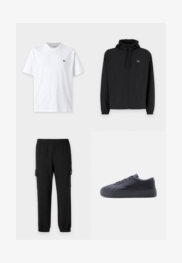 Čierna mikina na zips s kapucňou, vyrobená z ľahkého materiálu. Má elastické manžety a malú zelenú značku na ľavej hrudi.; Jednoduché biele tričko s krátkym rukávom, okrúhlym výstrihom a malým zeleným logom krokodíla na ľavej strane hrudníka.; Čierne tepláky s elastickým pásom, zúženými manžetami a bočnými cargo vreckami. Vyrobené z mäkkého materiálu s hladkou textúrou.; Čierna kožená nízka teniska s hrubou podrážkou, šnurovaním vpredu a logom krokodíla na boku, zobrazená z vonkajšej strany.