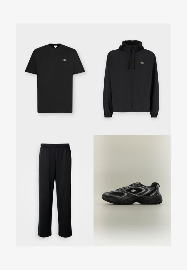 Zwarte zip-up jas met een capuchon, gemaakt van lichtgewicht materiaal. Heeft elastische manchetten en een klein groen logo op de linkerborst.; Zwarte korte mouw T-shirt met een ronde hals en een klein groen krokodillenlogo op de linkerborst op een lichtgrijze achtergrond.; Zwarte sportbroek van zachte, ademende stof. Beschikt over een elastische tailleband en rechte pijpen zonder opvallende accenten of patronen.; Zwarte en grijze sport sneaker met meshpanelen, vetersluiting, dikke zool en een klein krokodillologo aan de zijkant.